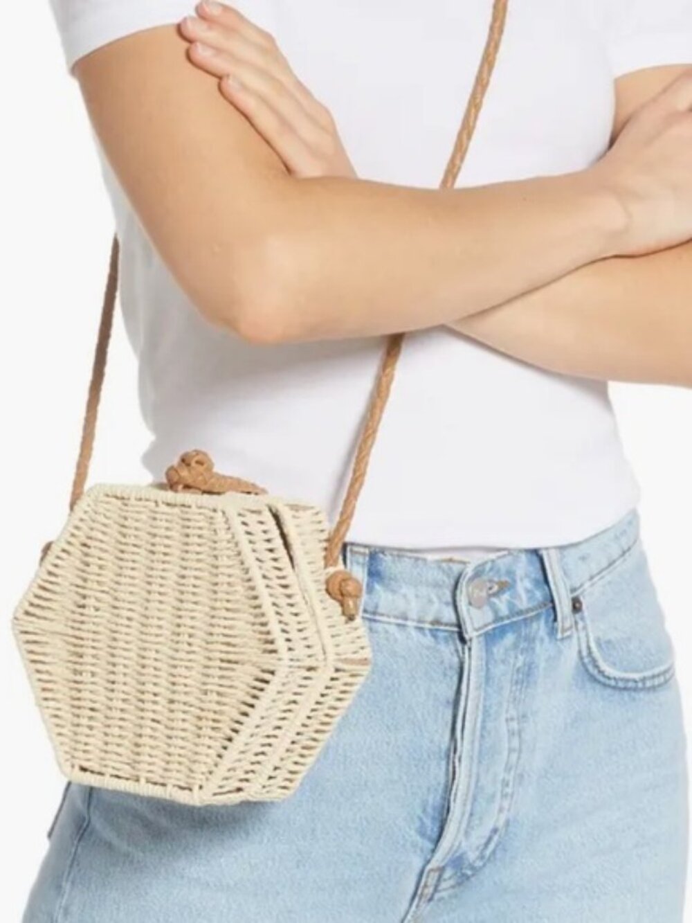 Mali + Lili Hexagonal Structured Rattan and Straw Small Crossbody Bag
